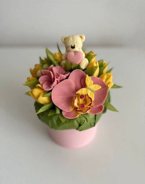 Тюльпаны с мишкой в шляпной коробке
